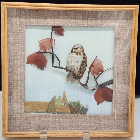 Vintage Bird Art Shadow Box With Feather Leaves Eagle Wooden Frame Nature Scene - Picture 1 of 12